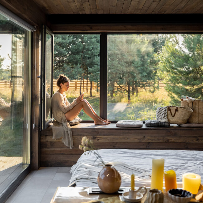 Young woman resting at beautiful country house or hotel, sitting with phone on the window sill enjoying beautiful view on pine forest. Concept of solitude and recreation on nature