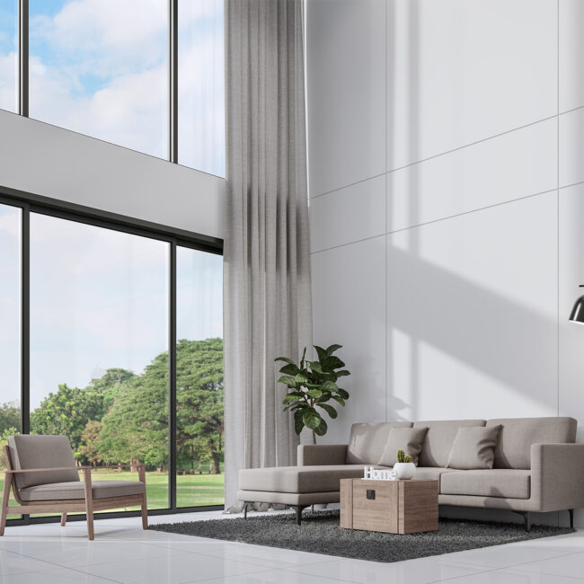 Modern white living room with sunlight shine into the room 3d render,There are empty white wall ,decorate with gray fabric furniture, large window overlooking nature view